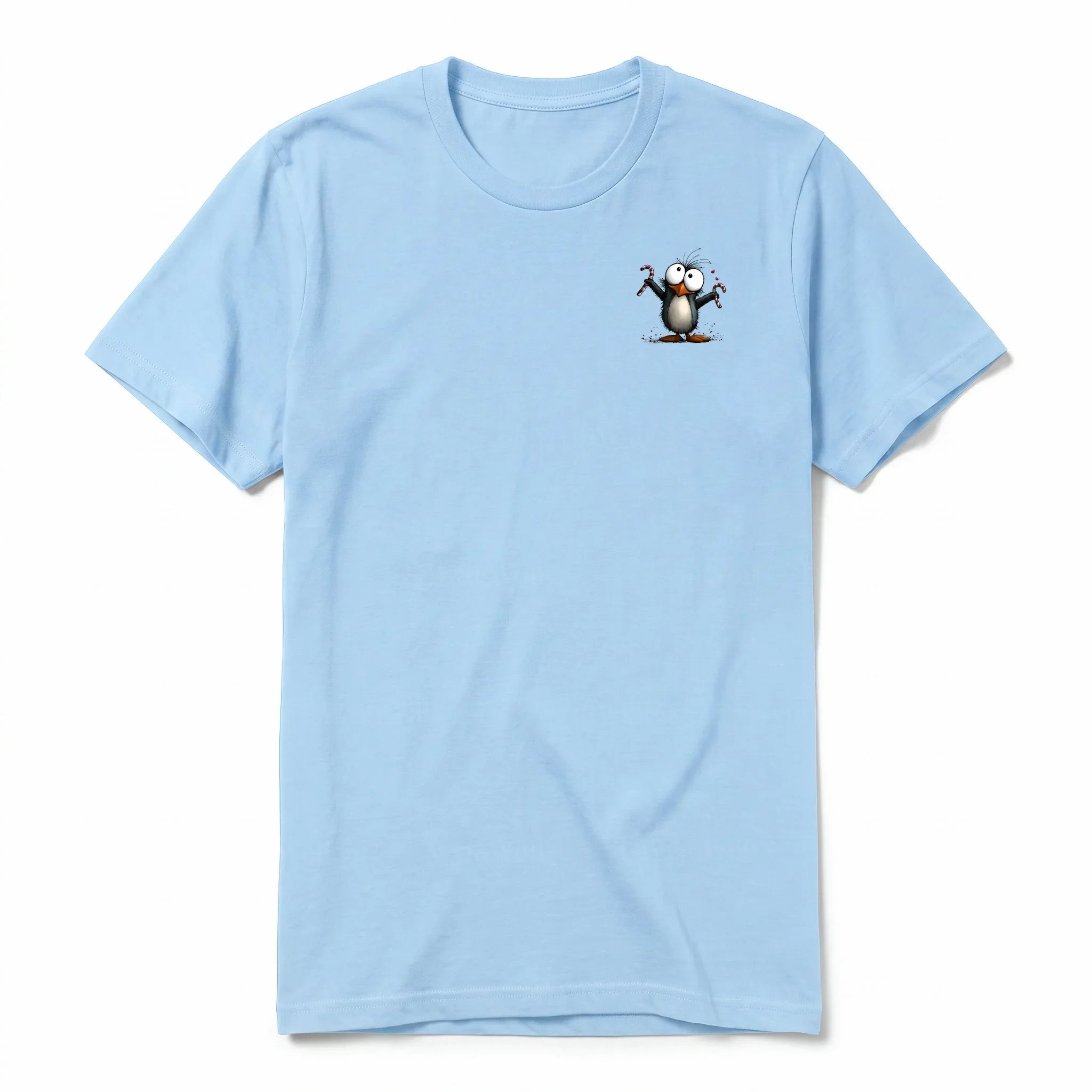 A powder short-sleeve crewneck t-shirt for adult featuring a graphic of a quirky bird on the left chest.