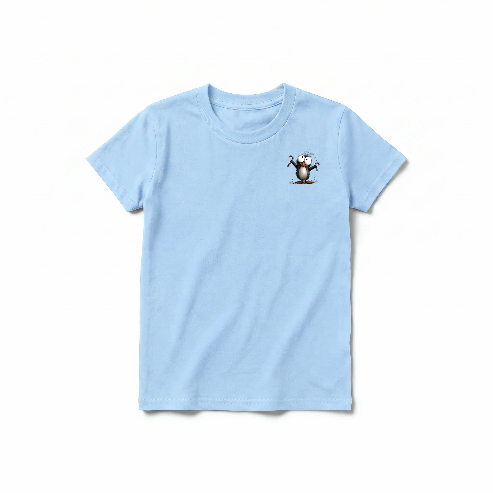 A powder short-sleeve crewneck t-shirt for youth featuring a graphic of a quirky bird on the left chest.