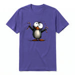 A purple short-sleeve crewneck t-shirt for adult featuring a graphic of a quirky bird on the front.