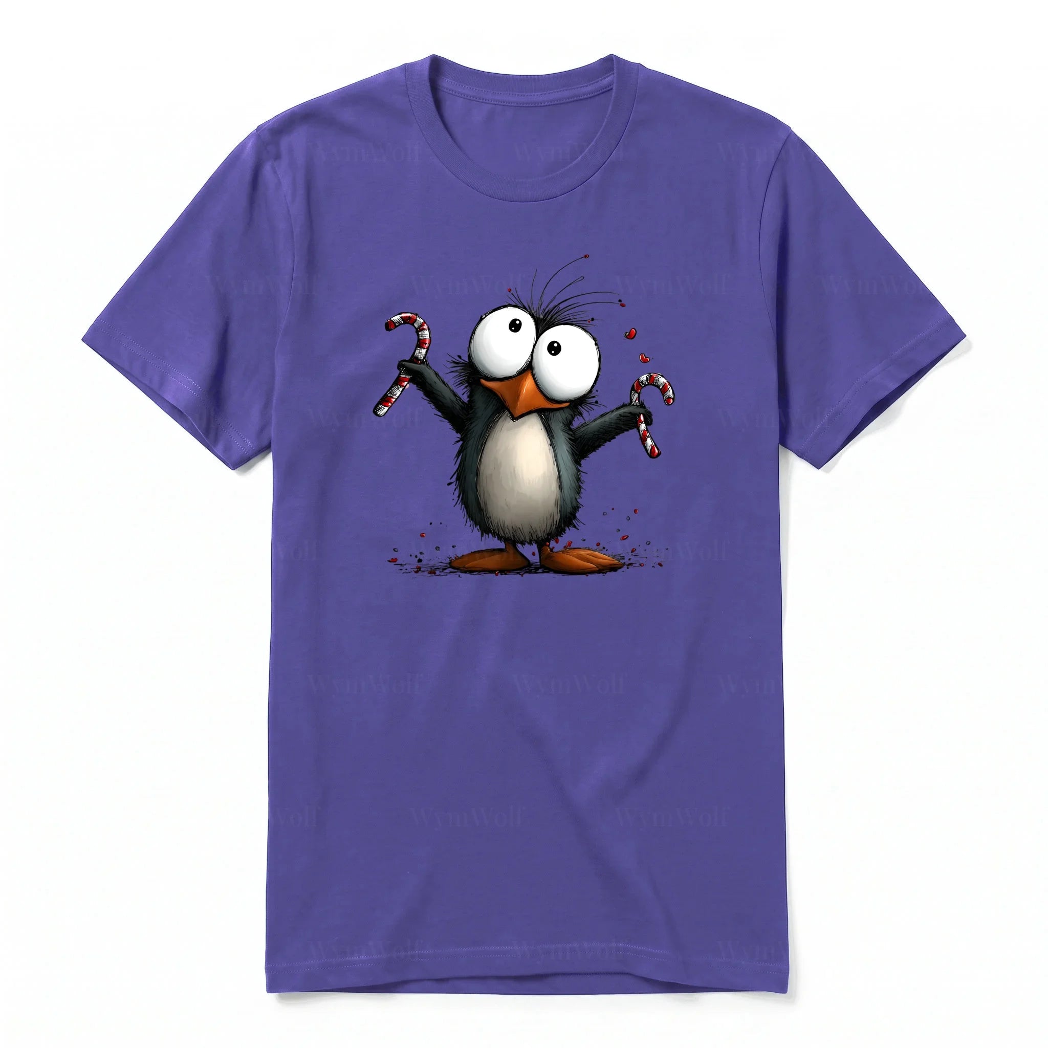 A purple short-sleeve crewneck t-shirt for adult featuring a graphic of a quirky bird on the front.
