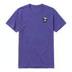 A purple short-sleeve crewneck t-shirt for adult featuring a graphic of a quirky bird on the left chest.
