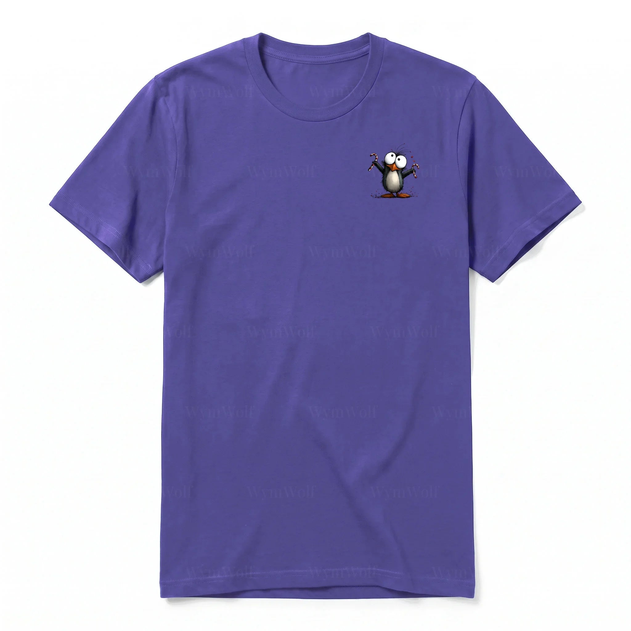 A purple short-sleeve crewneck t-shirt for adult featuring a graphic of a quirky bird on the left chest.