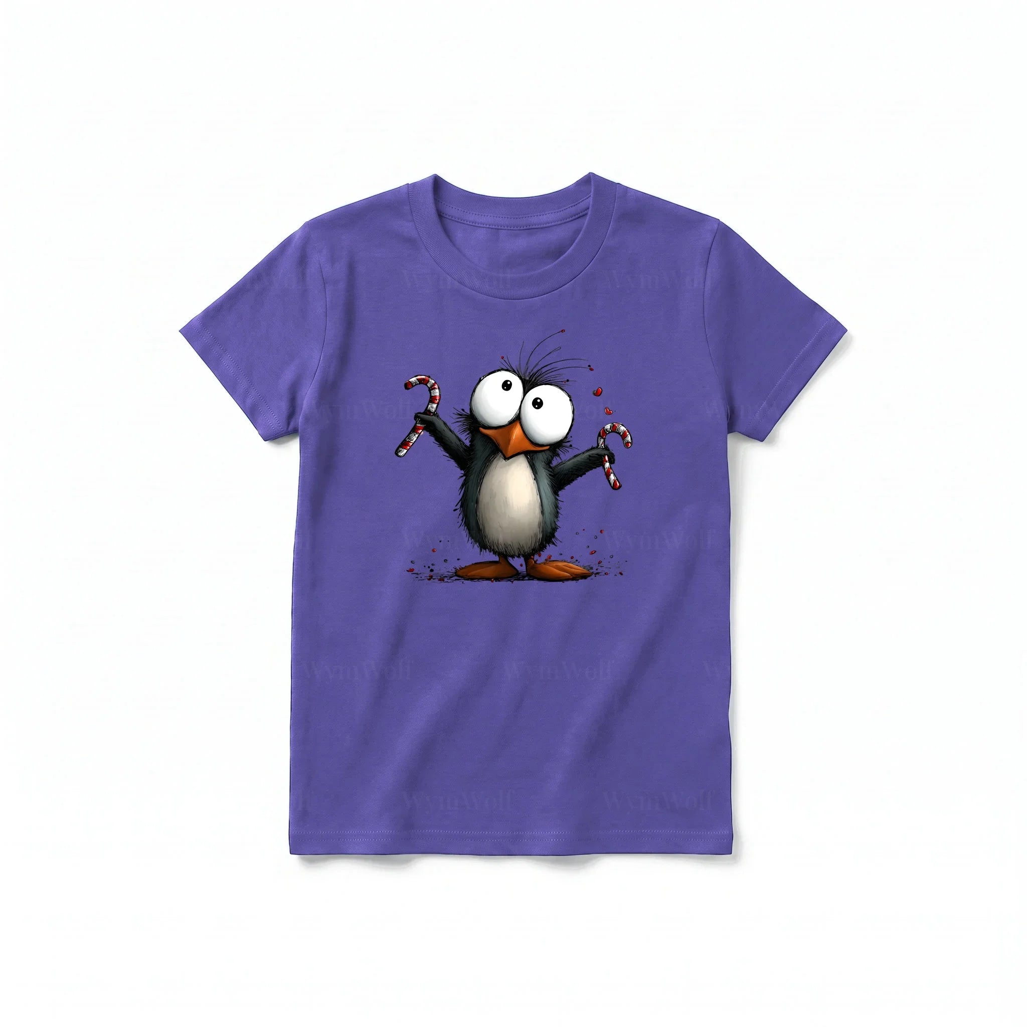 A purple short-sleeve crewneck t-shirt for youth featuring a graphic of a quirky bird on the front.