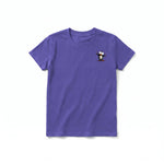 A purple short-sleeve crewneck t-shirt for youth featuring a graphic of a quirky bird on the left chest.