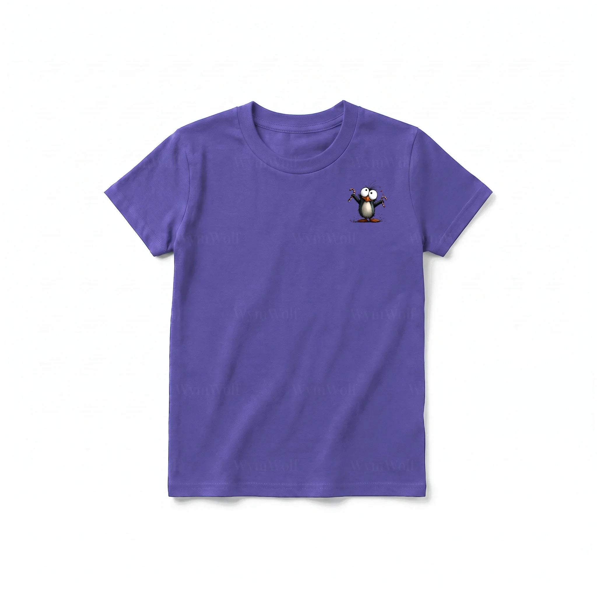A purple short-sleeve crewneck t-shirt for youth featuring a graphic of a quirky bird on the left chest.