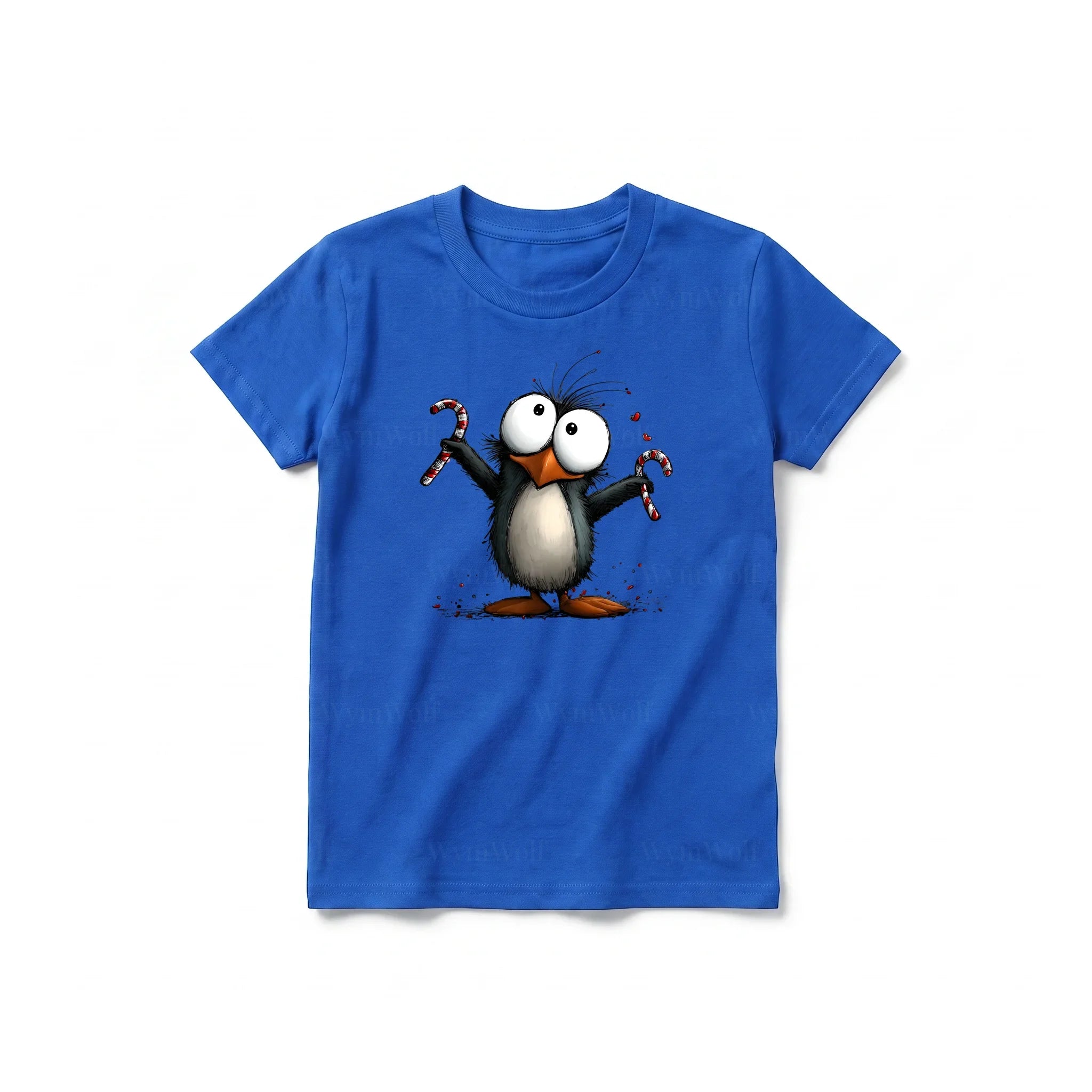 A royal short-sleeve crewneck t-shirt for youth featuring a graphic of a quirky bird on the front.