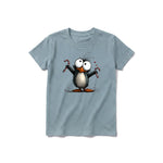 A sage short-sleeve crewneck t-shirt for youth featuring a graphic of a quirky bird on the front.