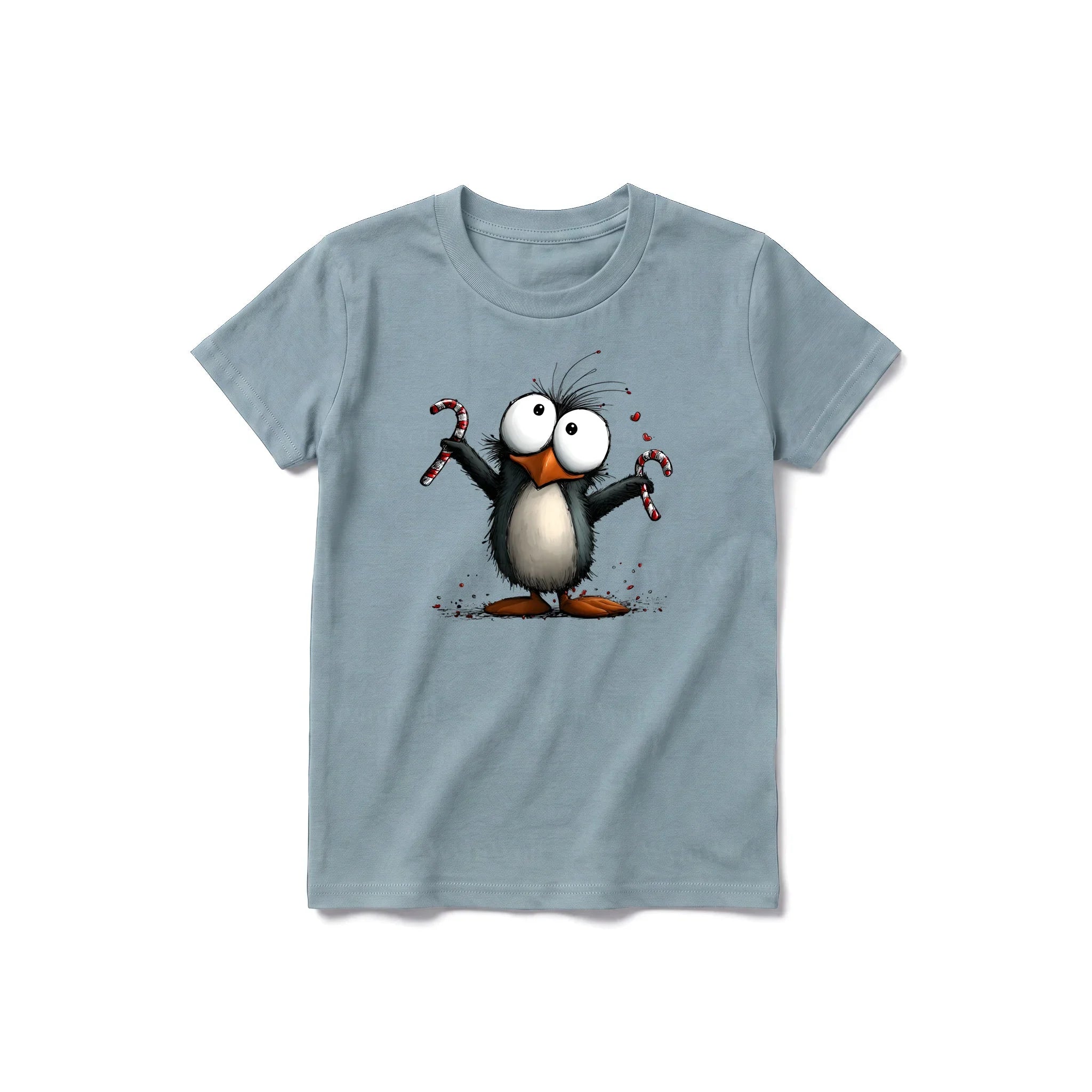 A sage short-sleeve crewneck t-shirt for youth featuring a graphic of a quirky bird on the front.