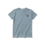 A sage short-sleeve crewneck t-shirt for youth featuring a graphic of a quirky bird on the left chest.