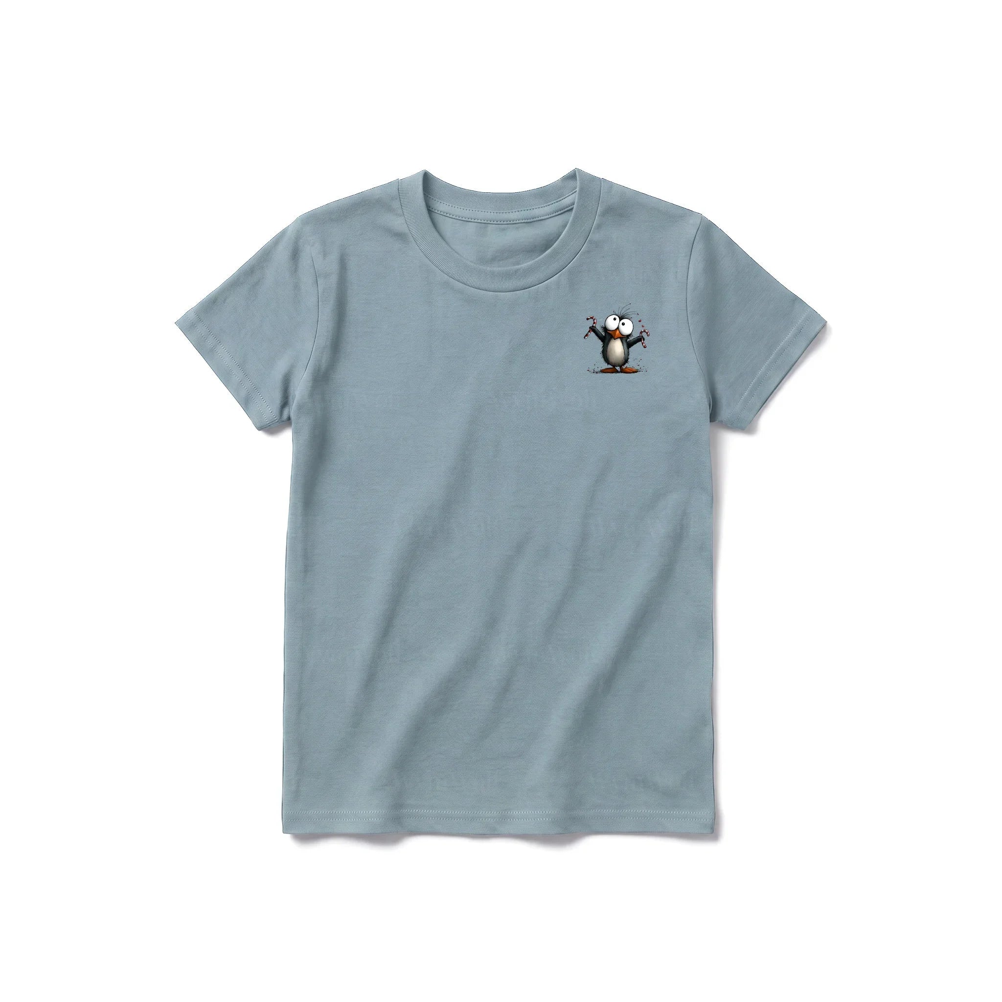 A sage short-sleeve crewneck t-shirt for youth featuring a graphic of a quirky bird on the left chest.