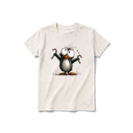 A vintage-white short-sleeve crewneck t-shirt for youth featuring a graphic of a quirky bird on the front.