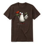 A chocolate short-sleeve crewneck t-shirt for adult featuring a graphic of a quirky bird on the front.