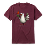 A maroon short-sleeve crewneck t-shirt for adult featuring a graphic of a quirky bird on the front.