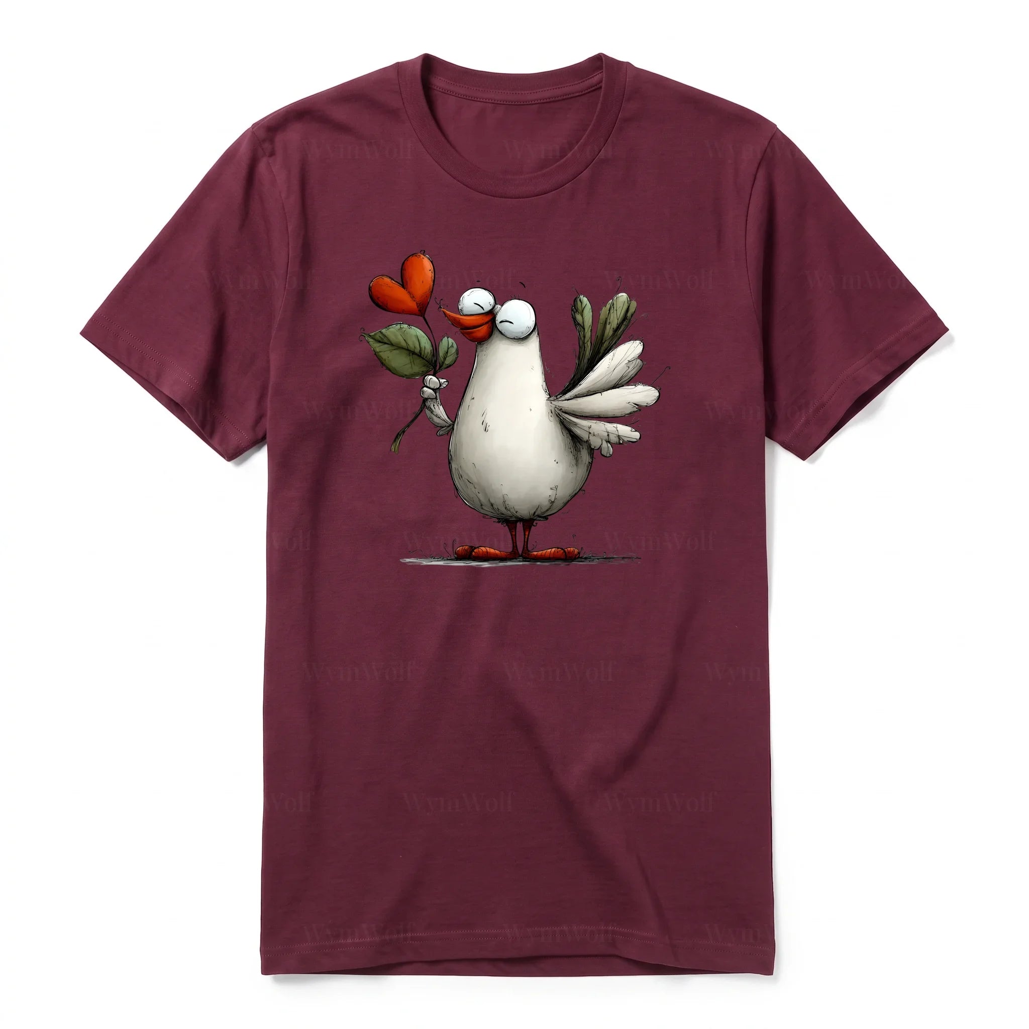 A maroon short-sleeve crewneck t-shirt for adult featuring a graphic of a quirky bird on the front.