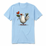 A powder short-sleeve crewneck t-shirt for adult featuring a graphic of a quirky bird on the front.