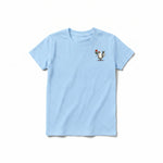 A powder short-sleeve crewneck t-shirt for youth featuring a graphic of a quirky bird on the left chest.