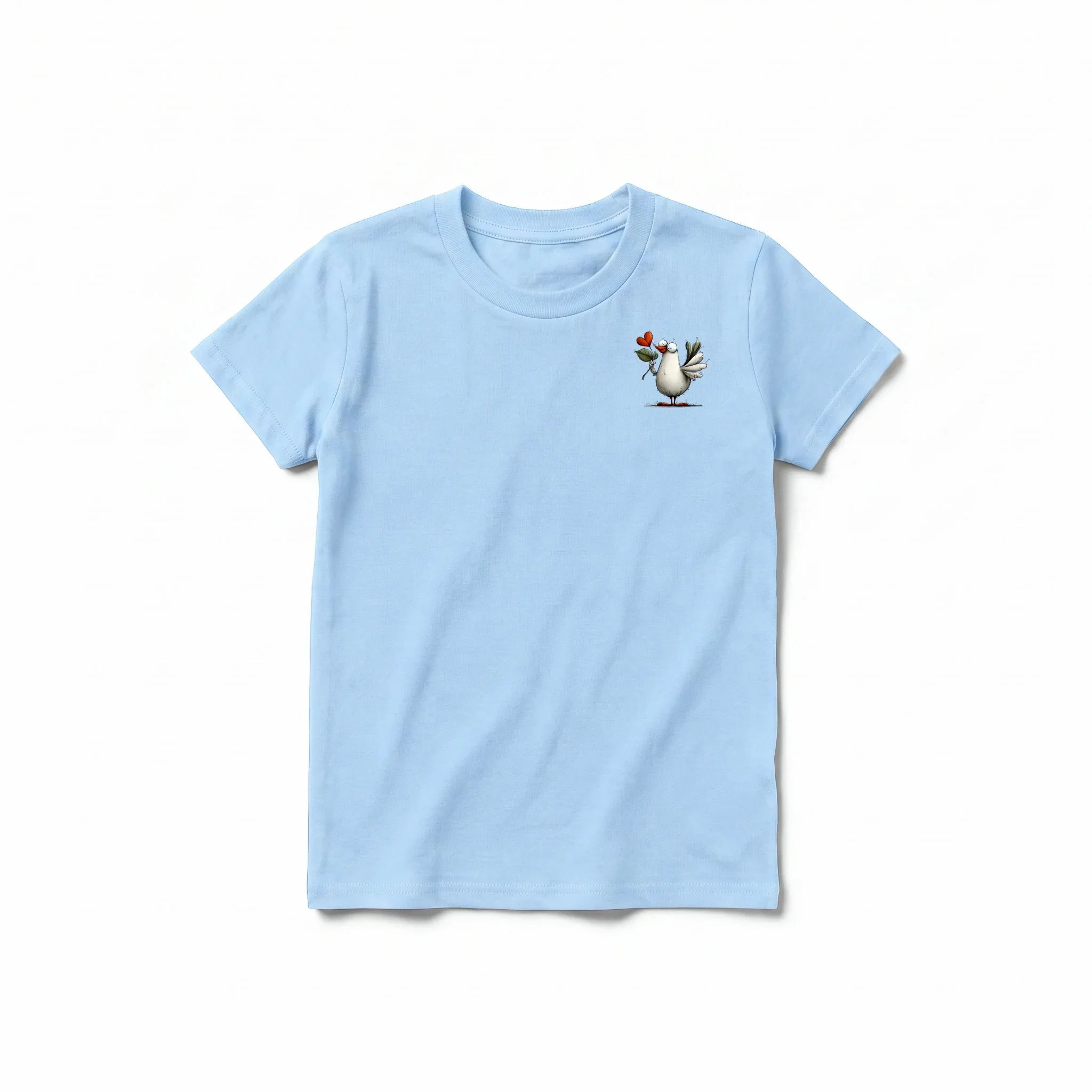 A powder short-sleeve crewneck t-shirt for youth featuring a graphic of a quirky bird on the left chest.