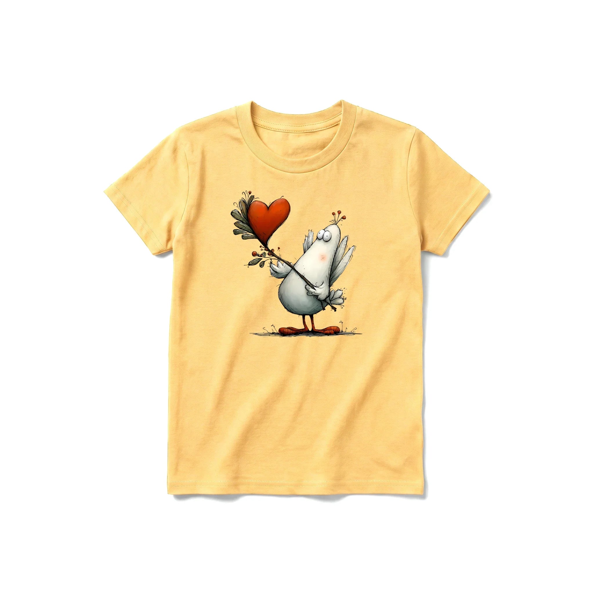 A mustard short-sleeve crewneck t-shirt for youth featuring a graphic of a quirky bird on the front.