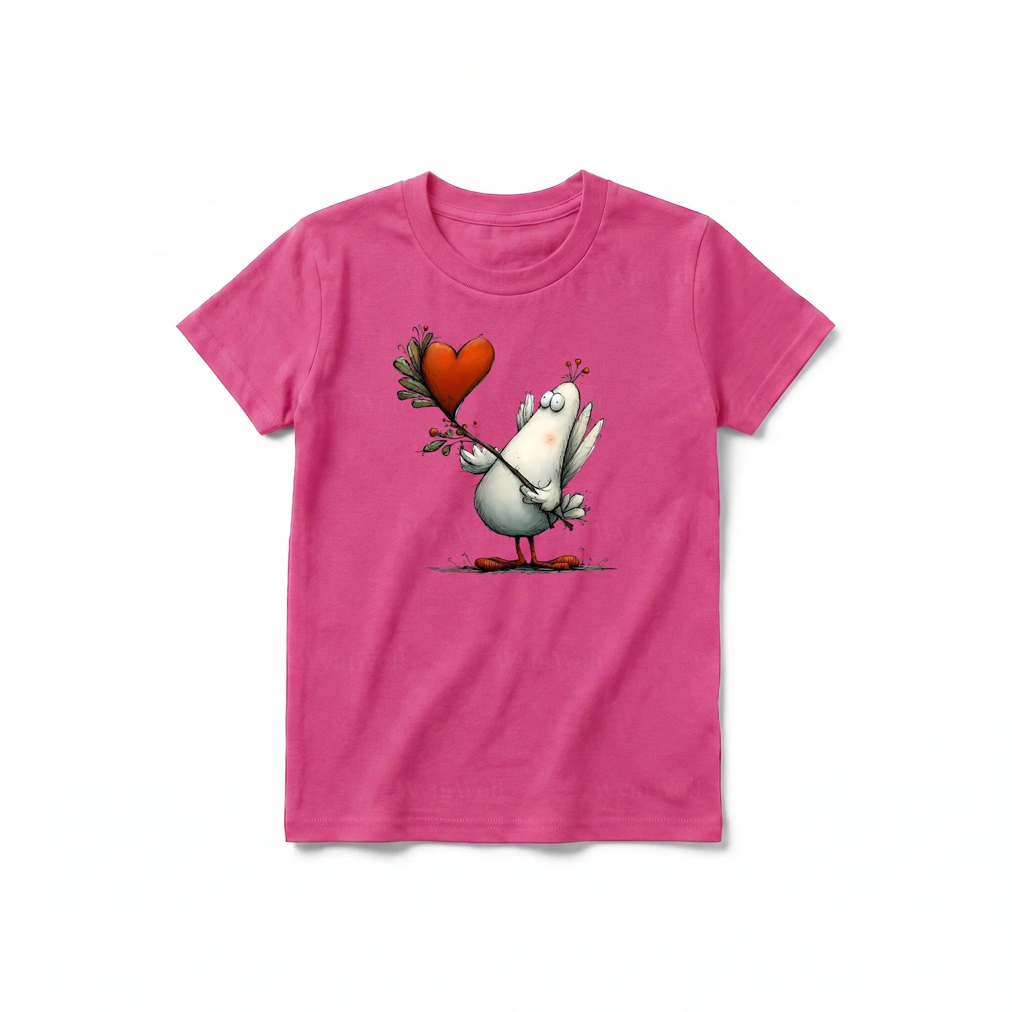A raspberry short-sleeve crewneck t-shirt for youth featuring a graphic of a quirky bird on the front.