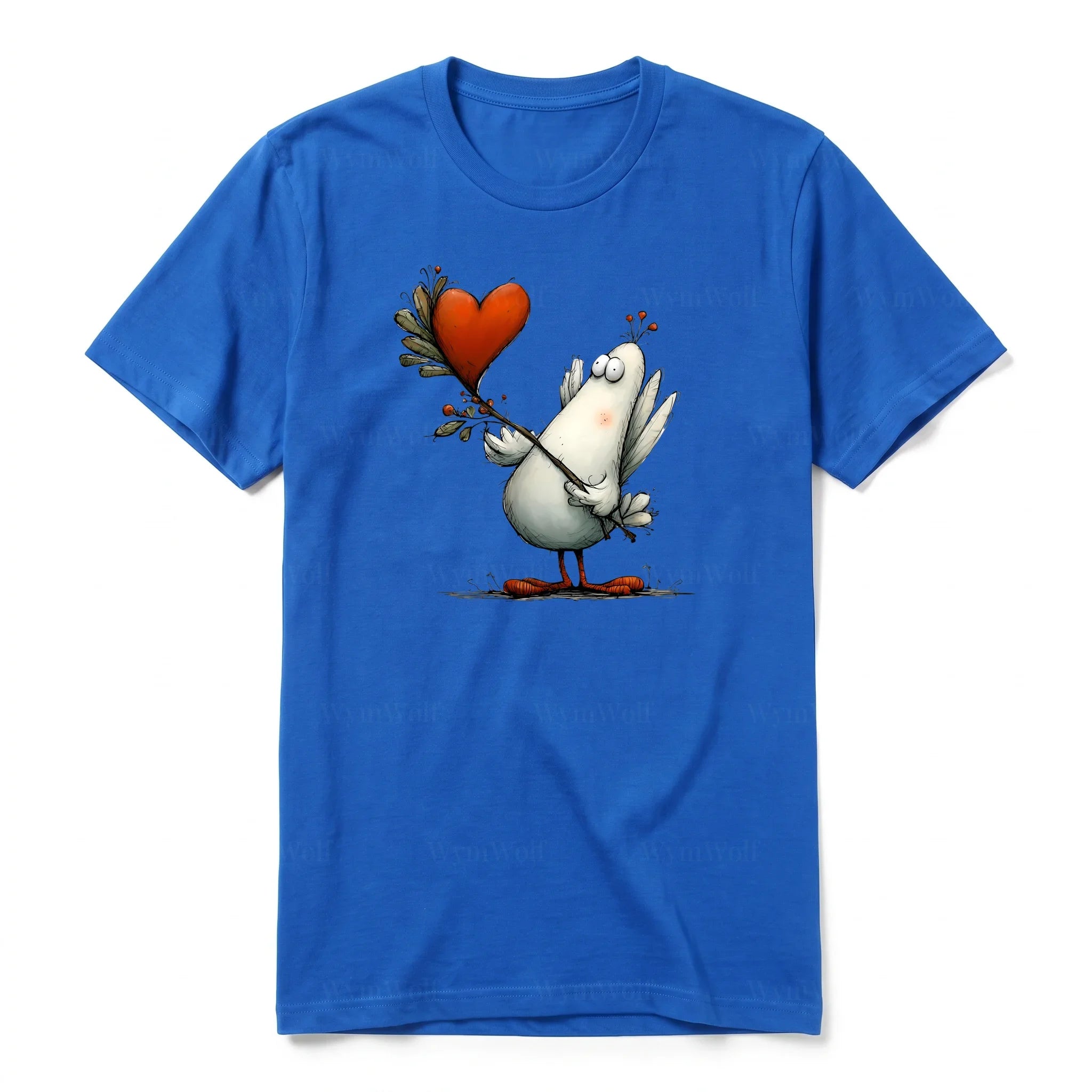 A royal short-sleeve crewneck t-shirt for adult featuring a graphic of a quirky bird on the front.