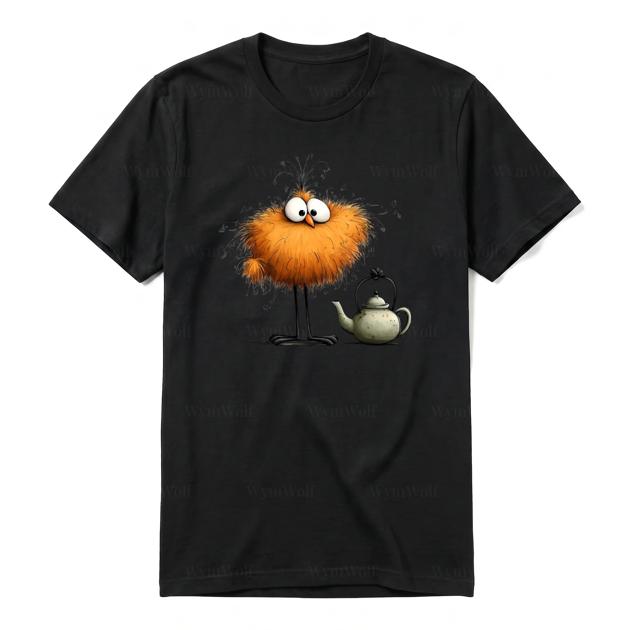 Un T-shirt noir à manches courtes et col rond, orné d'un motif représentant un oiseau excentrique sur le devant.