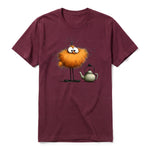 A maroon short-sleeve crewneck t-shirt for adult featuring a graphic of a quirky bird on the front.