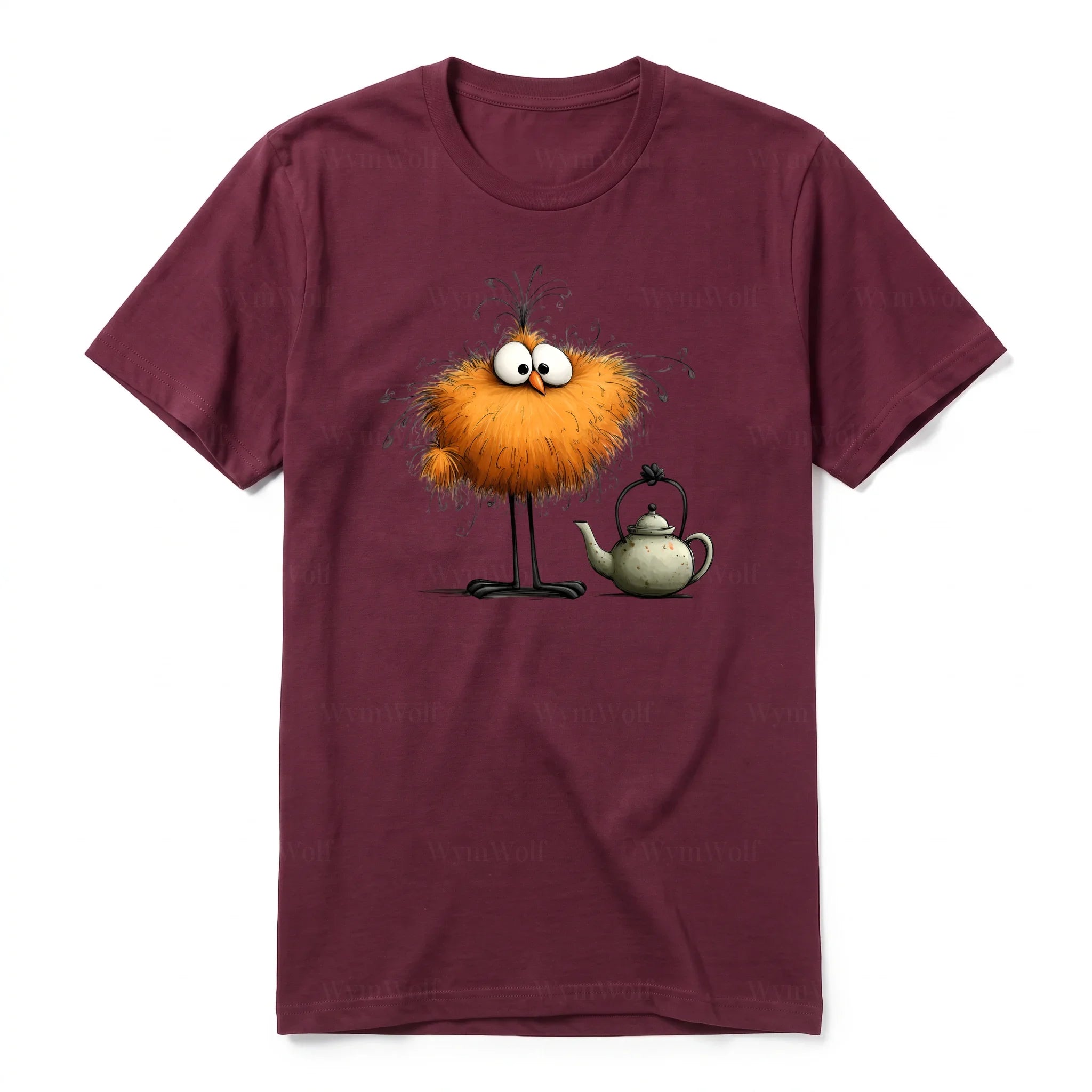 A maroon short-sleeve crewneck t-shirt for adult featuring a graphic of a quirky bird on the front.