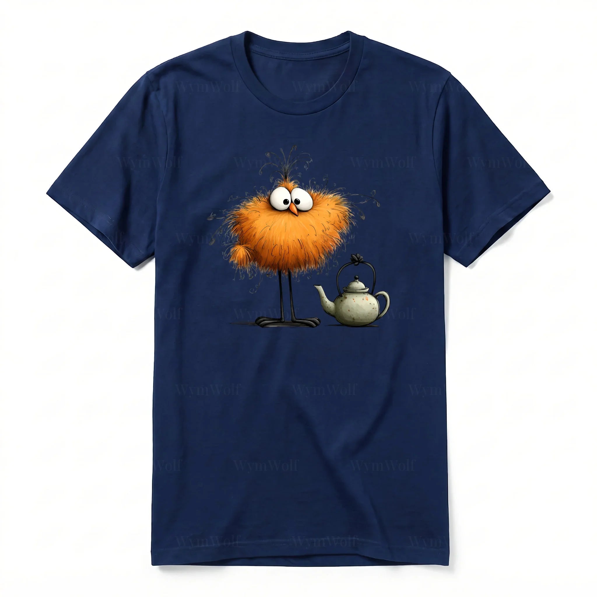 A navy short-sleeve crewneck t-shirt for adult featuring a graphic of a quirky bird on the front.