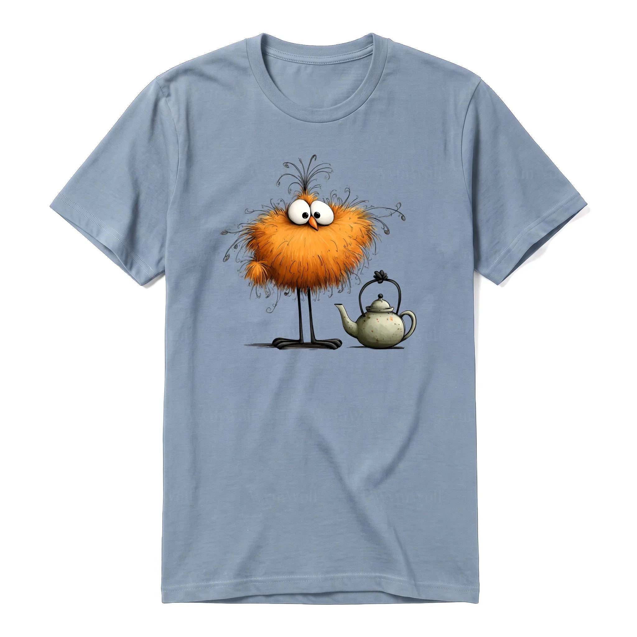 A steel-blue short-sleeve crewneck t-shirt for adult featuring a graphic of a quirky bird on the front.
