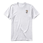 A ash grey short-sleeve crewneck t-shirt for adult featuring a graphic of a quirky bird on the left chest.