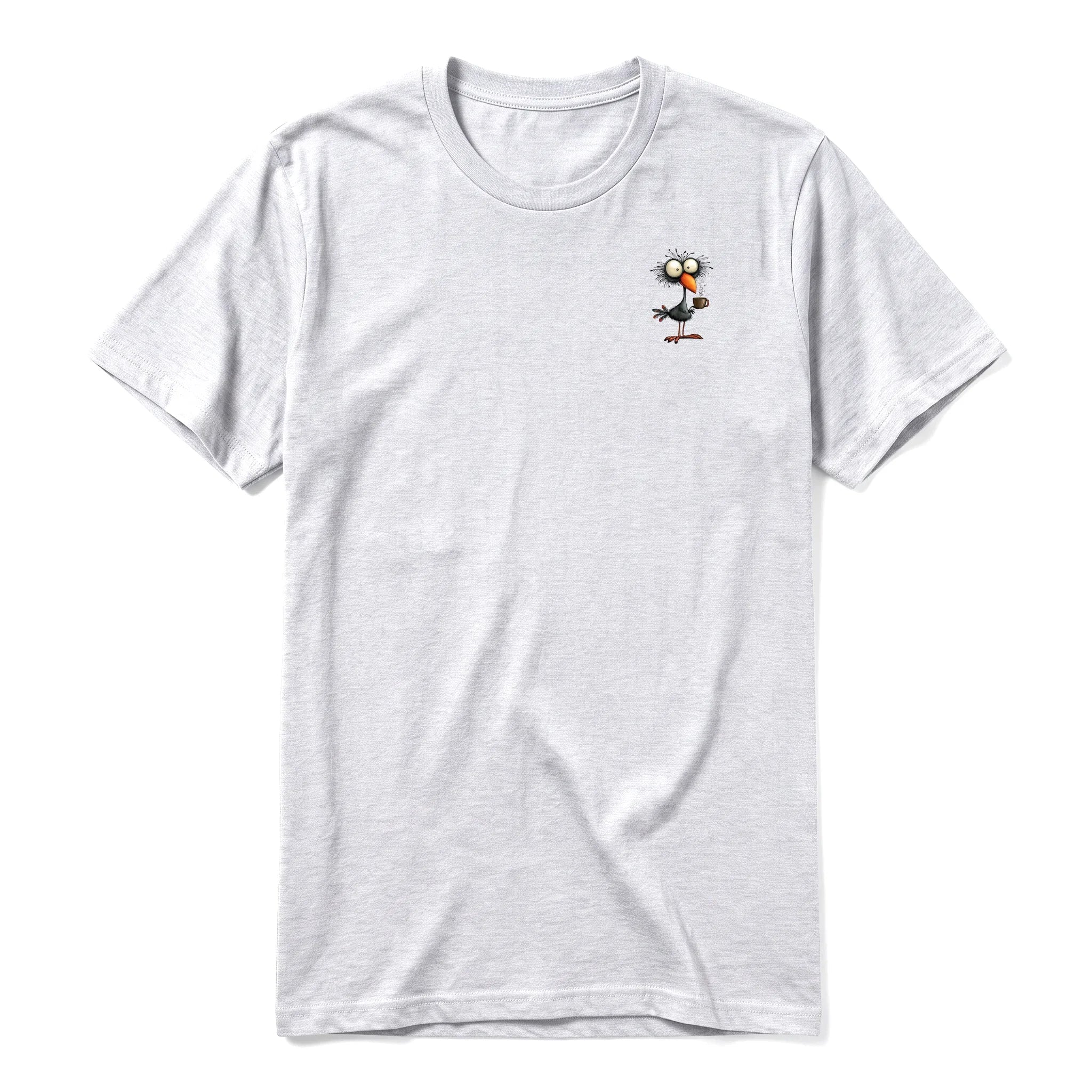 A ash grey short-sleeve crewneck t-shirt for adult featuring a graphic of a quirky bird on the left chest.