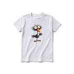 A ash grey short-sleeve crewneck t-shirt for youth featuring a graphic of a quirky bird on the front.