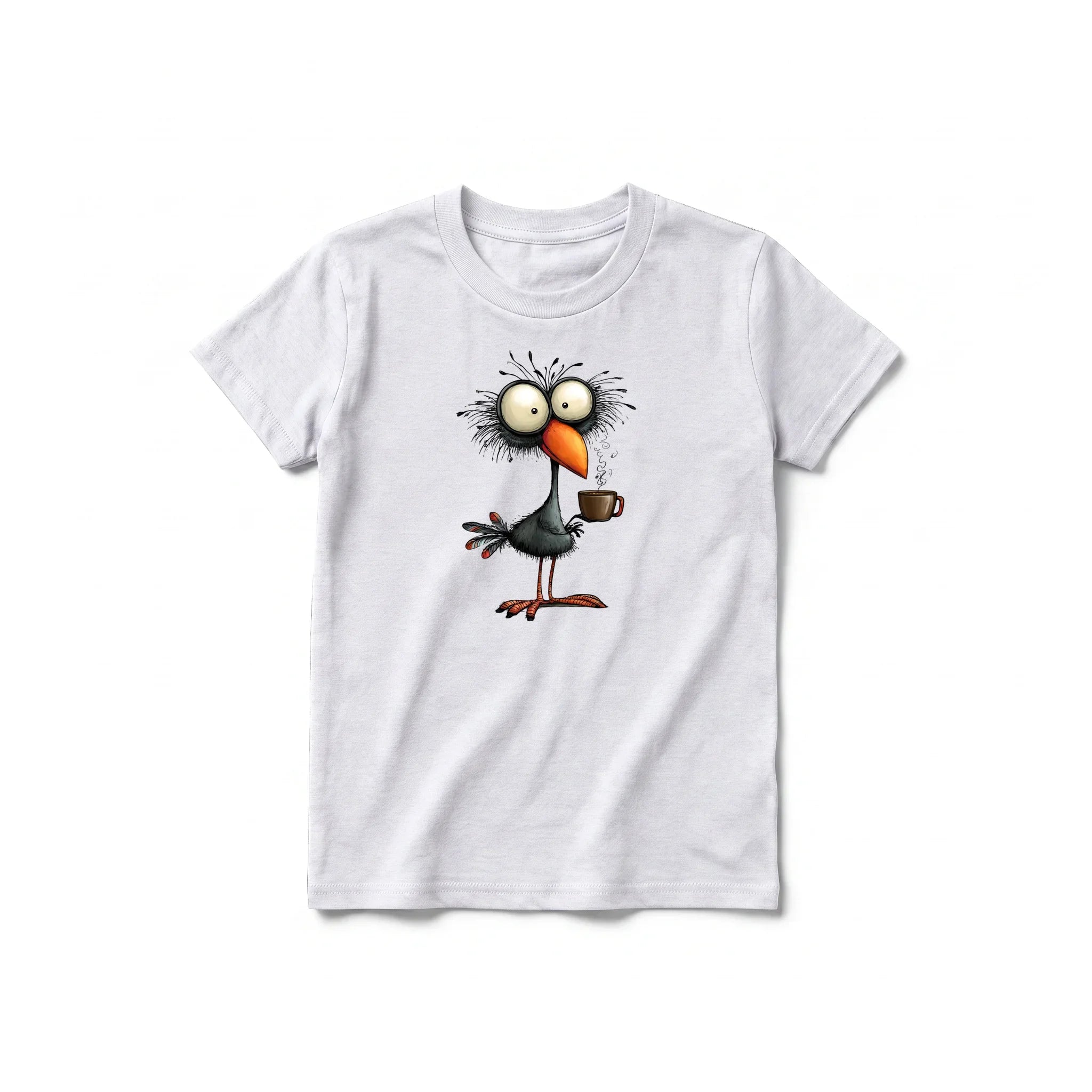 A ash grey short-sleeve crewneck t-shirt for youth featuring a graphic of a quirky bird on the front.
