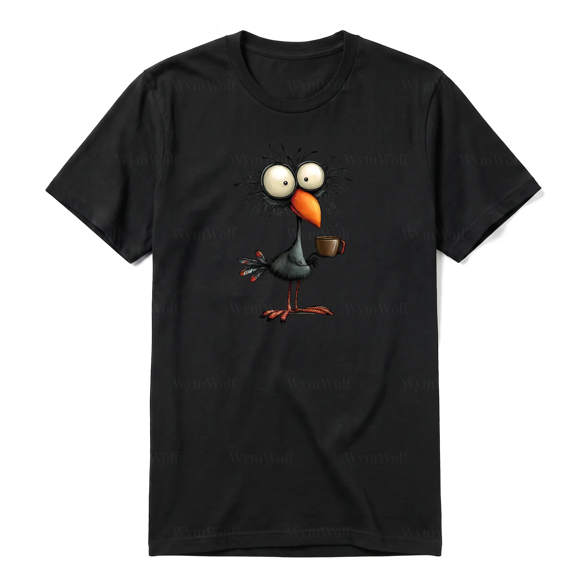 A black short-sleeve crewneck t-shirt for adult featuring a graphic of a quirky bird on the front.