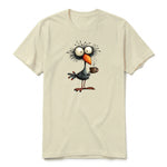 A latte short-sleeve crewneck t-shirt for adult featuring a graphic of a quirky bird on the front.
