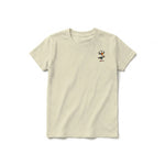A latte short-sleeve crewneck t-shirt for youth featuring a graphic of a quirky bird on the left chest.