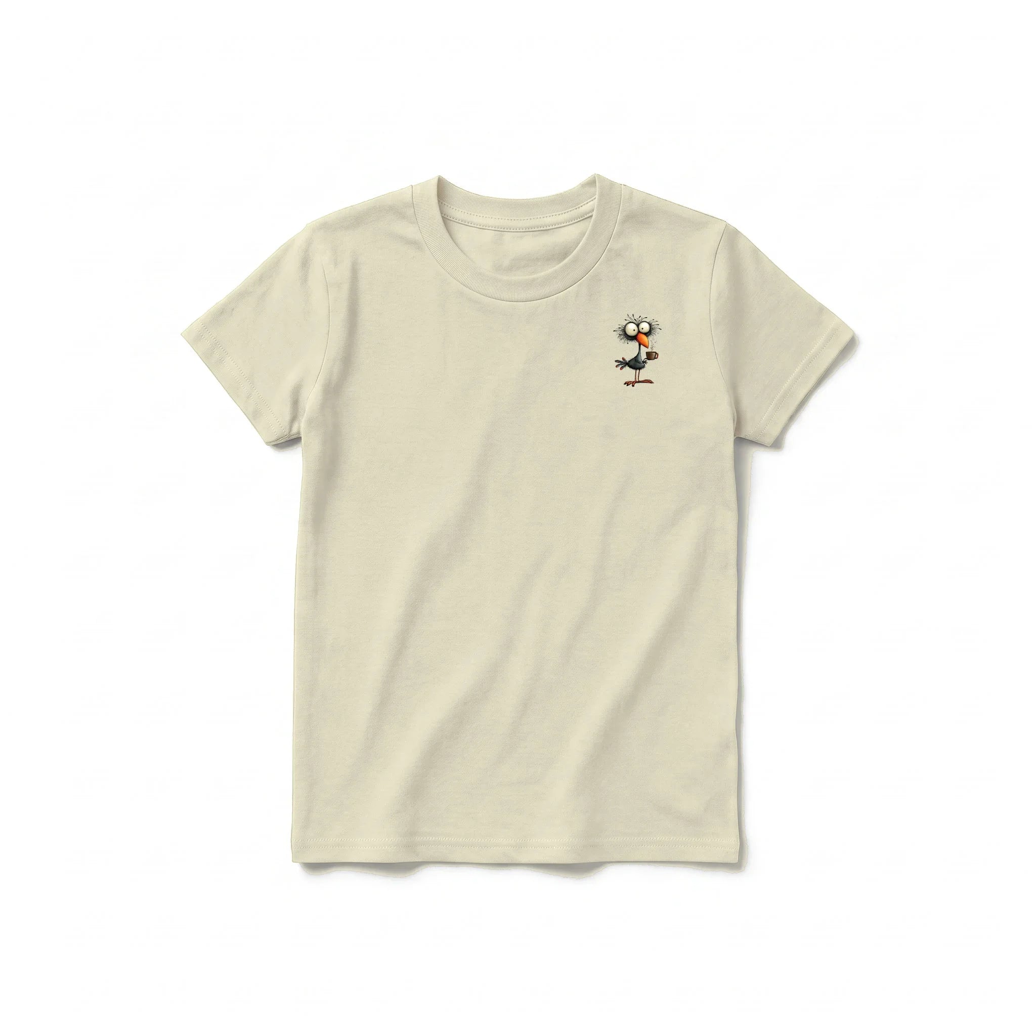 A latte short-sleeve crewneck t-shirt for youth featuring a graphic of a quirky bird on the left chest.