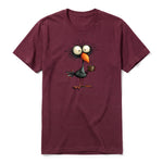 A maroon short-sleeve crewneck t-shirt for adult featuring a graphic of a quirky bird on the front.