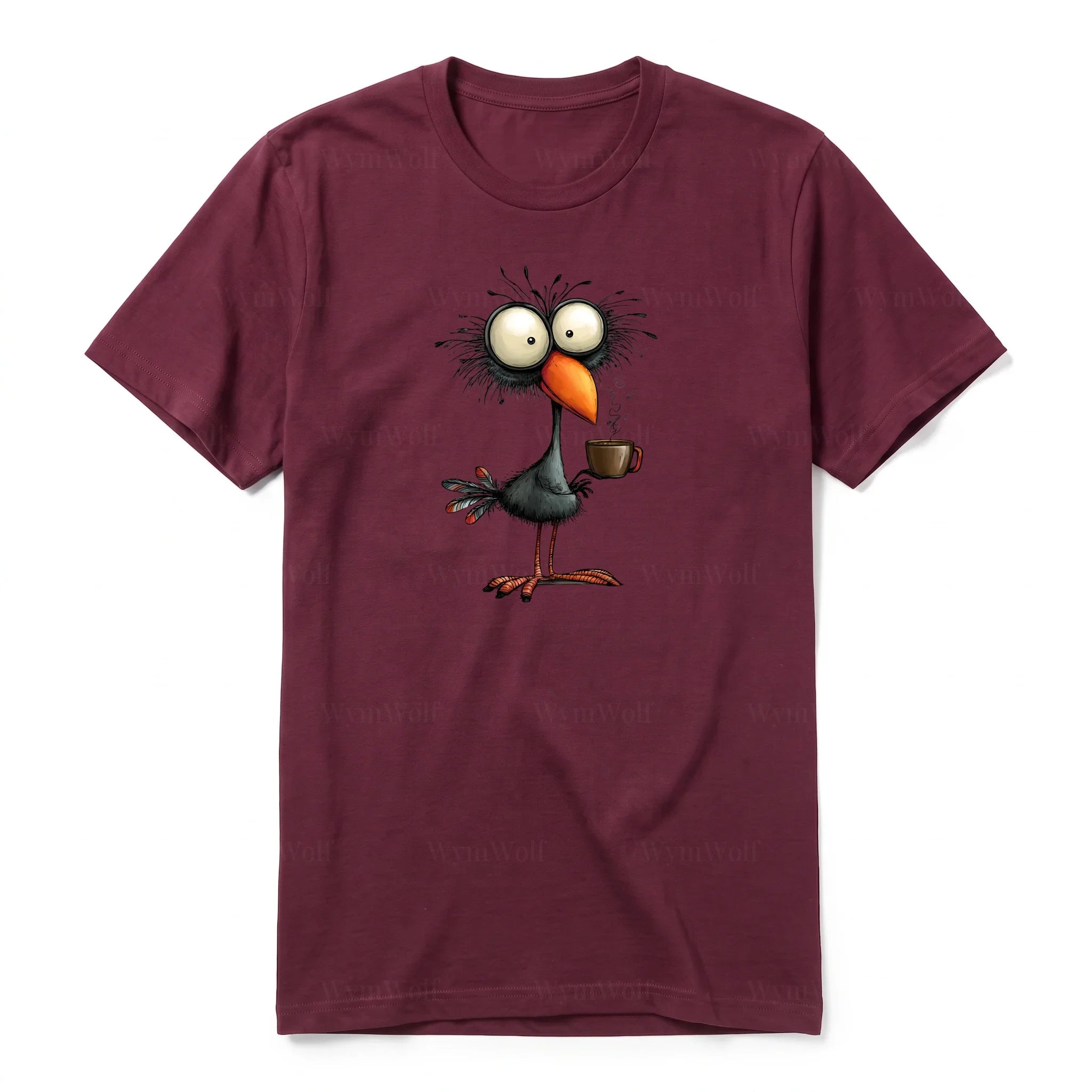 A maroon short-sleeve crewneck t-shirt for adult featuring a graphic of a quirky bird on the front.