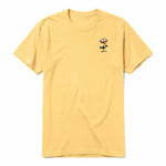 A mustard short-sleeve crewneck t-shirt for adult featuring a graphic of a quirky bird on the left chest.