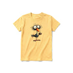 A mustard short-sleeve crewneck t-shirt for youth featuring a graphic of a quirky bird on the front.