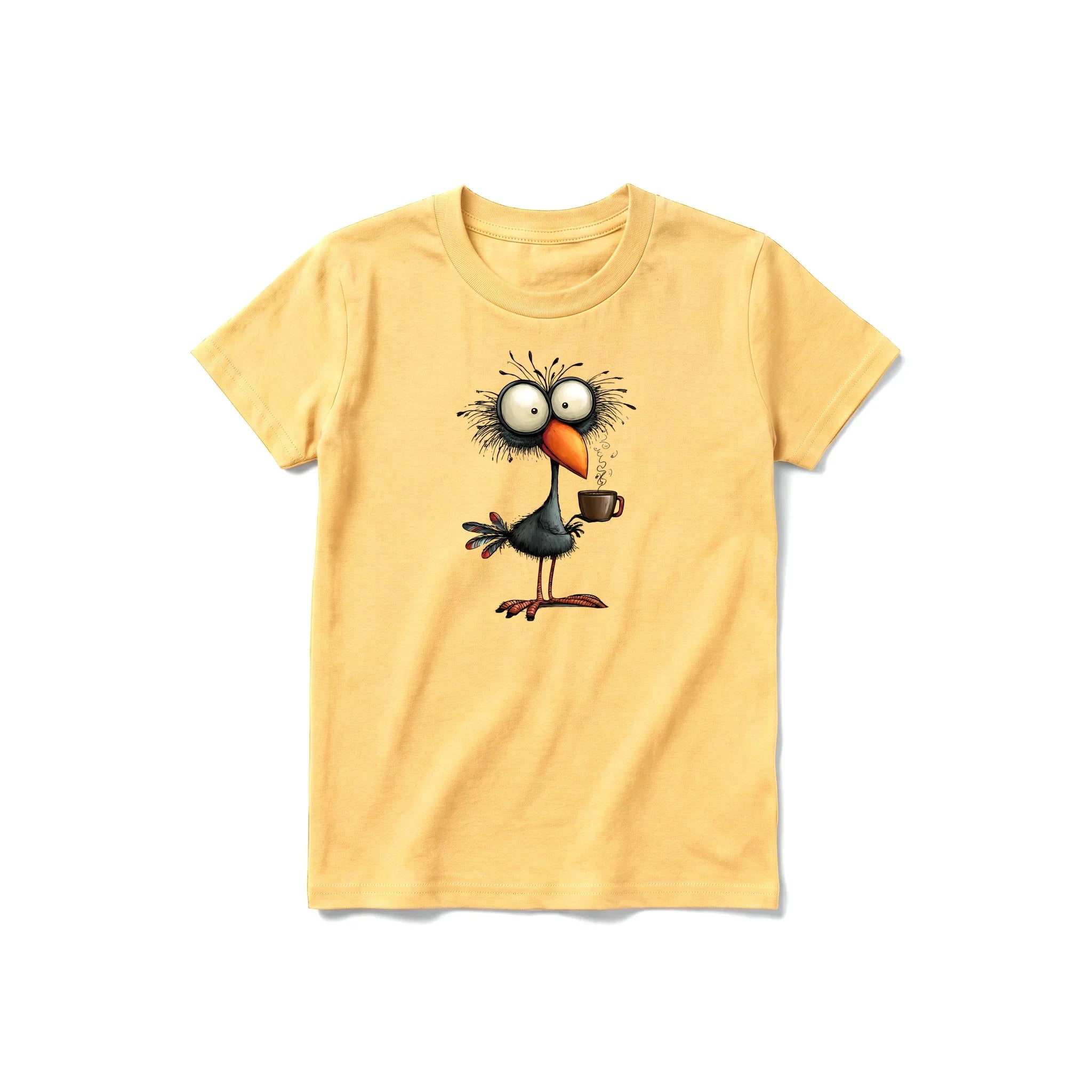 A mustard short-sleeve crewneck t-shirt for youth featuring a graphic of a quirky bird on the front.