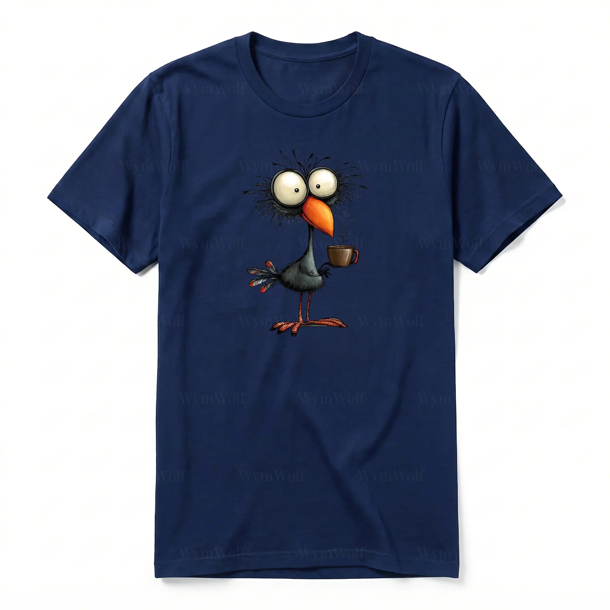A navy short-sleeve crewneck t-shirt for adult featuring a graphic of a quirky bird on the front.