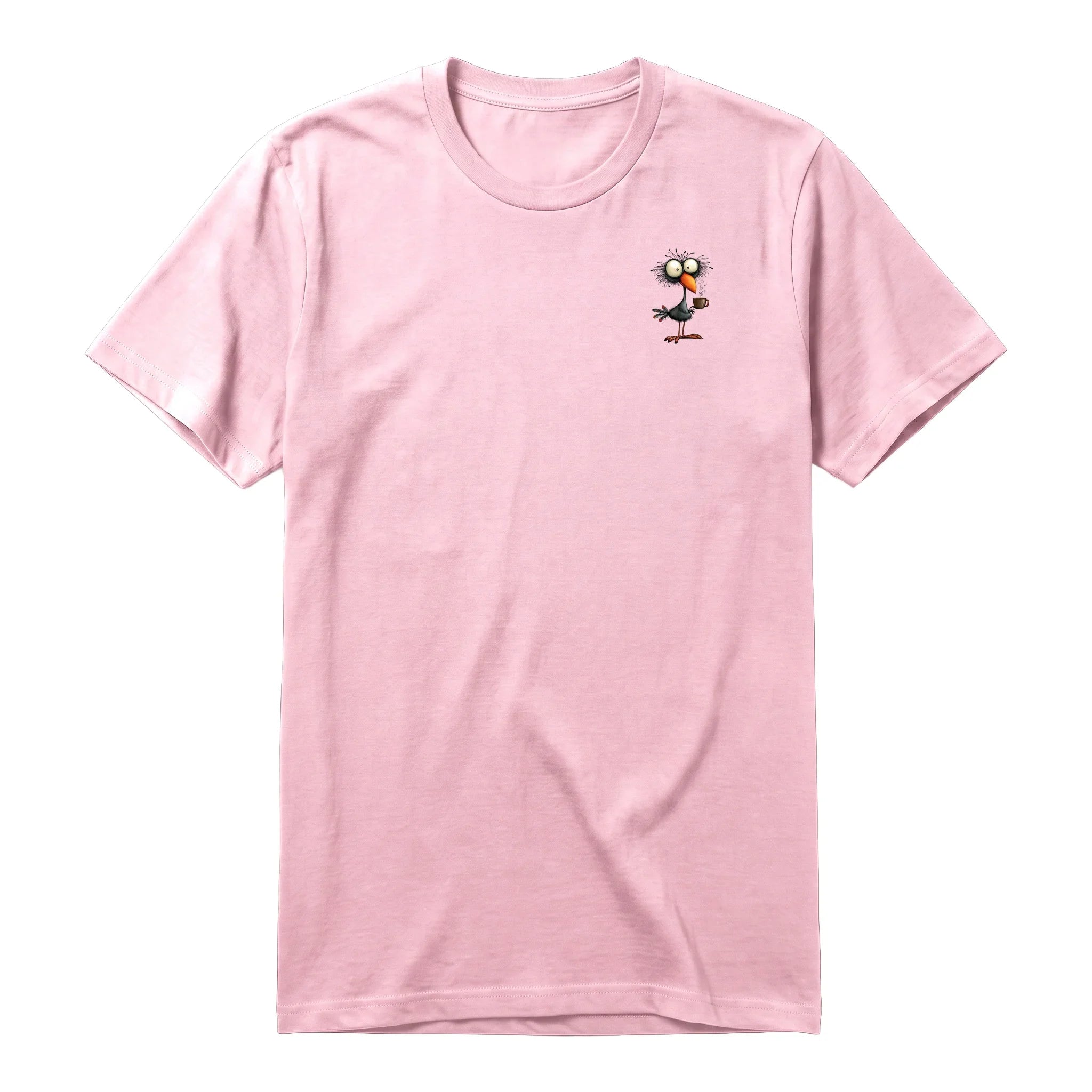 A pink short-sleeve crewneck t-shirt for adult featuring a graphic of a quirky bird on the left chest.