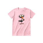 A pink short-sleeve crewneck t-shirt for youth featuring a graphic of a quirky bird on the front.