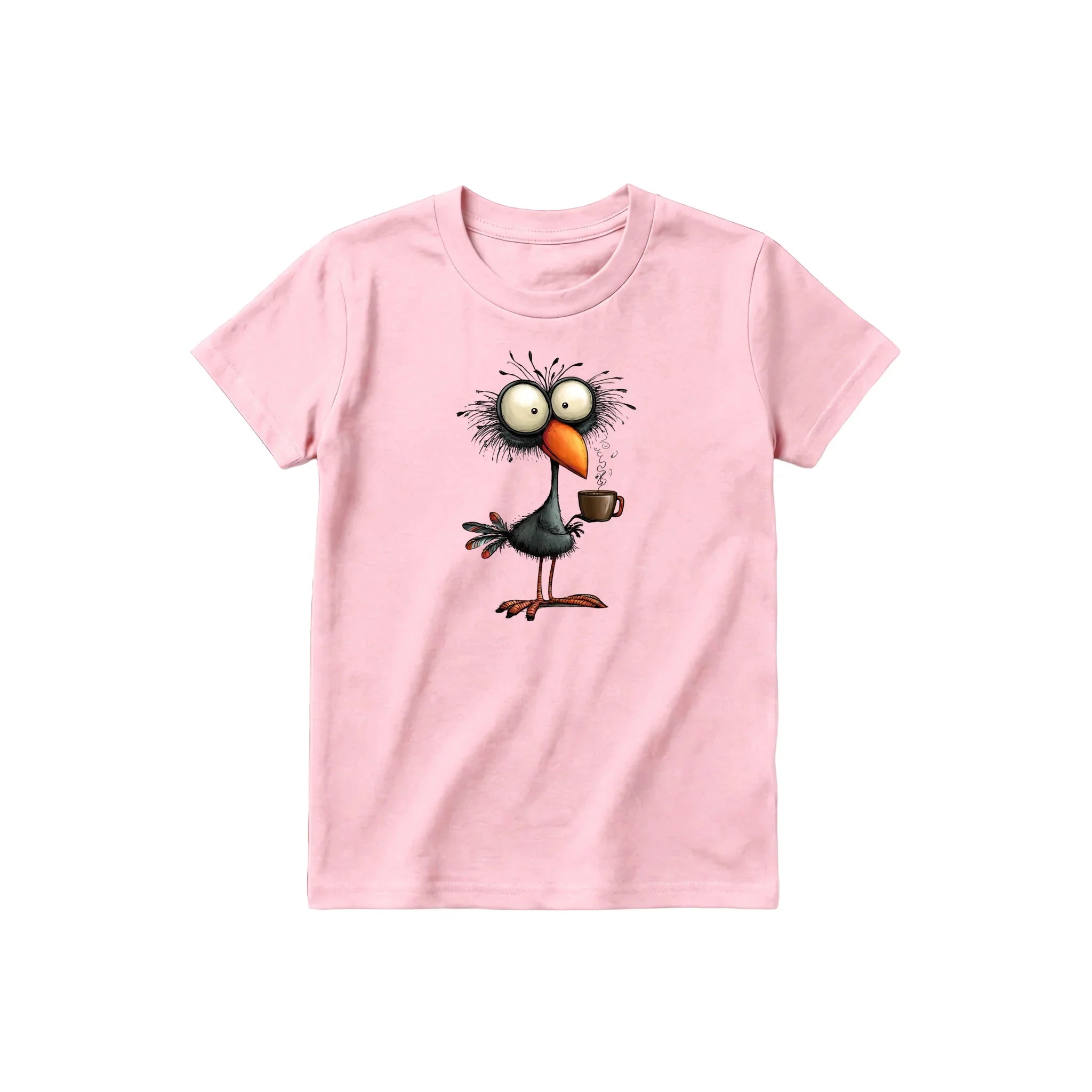 A pink short-sleeve crewneck t-shirt for youth featuring a graphic of a quirky bird on the front.