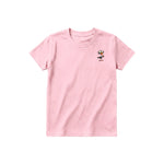 A pink short-sleeve crewneck t-shirt for youth featuring a graphic of a quirky bird on the left chest.