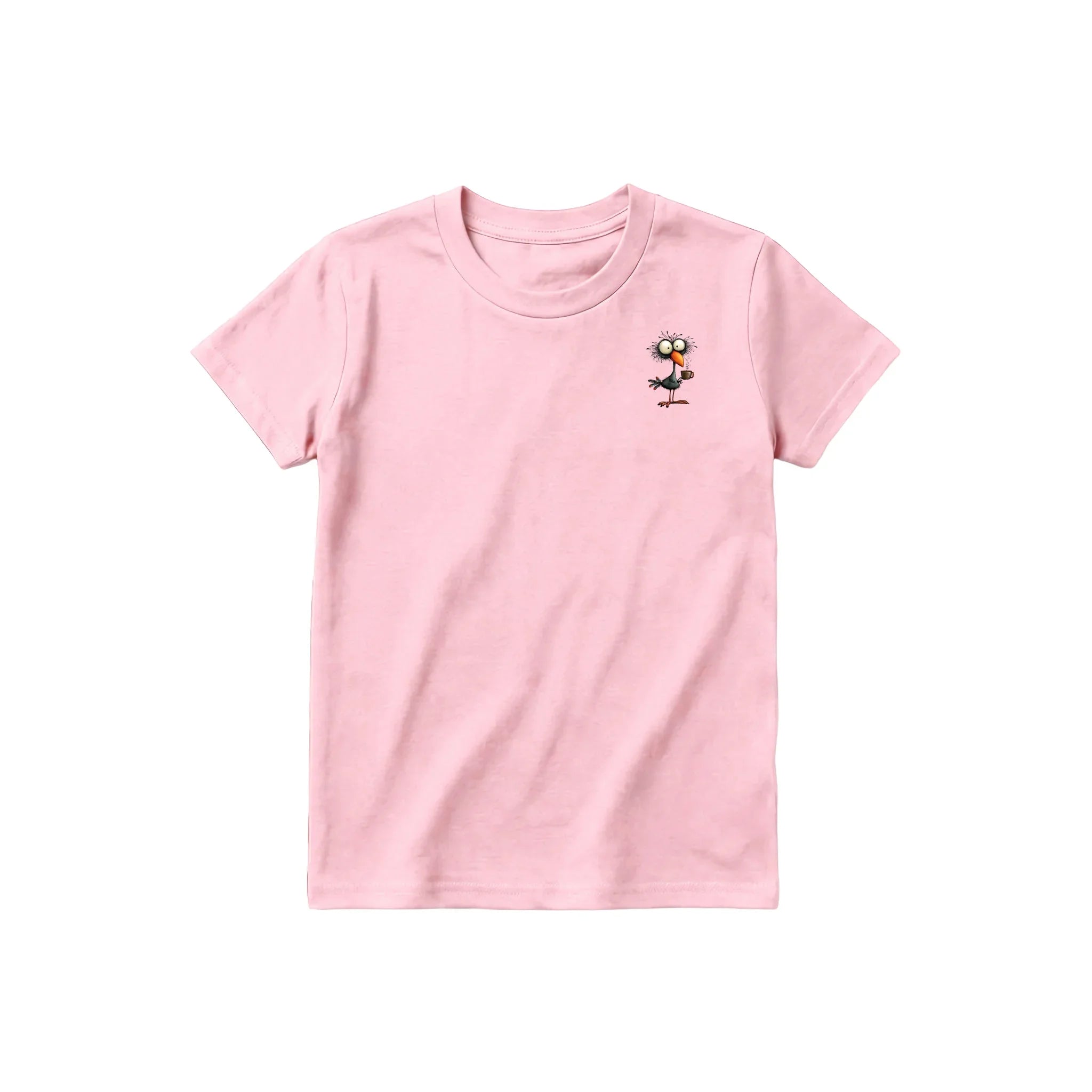 A pink short-sleeve crewneck t-shirt for youth featuring a graphic of a quirky bird on the left chest.