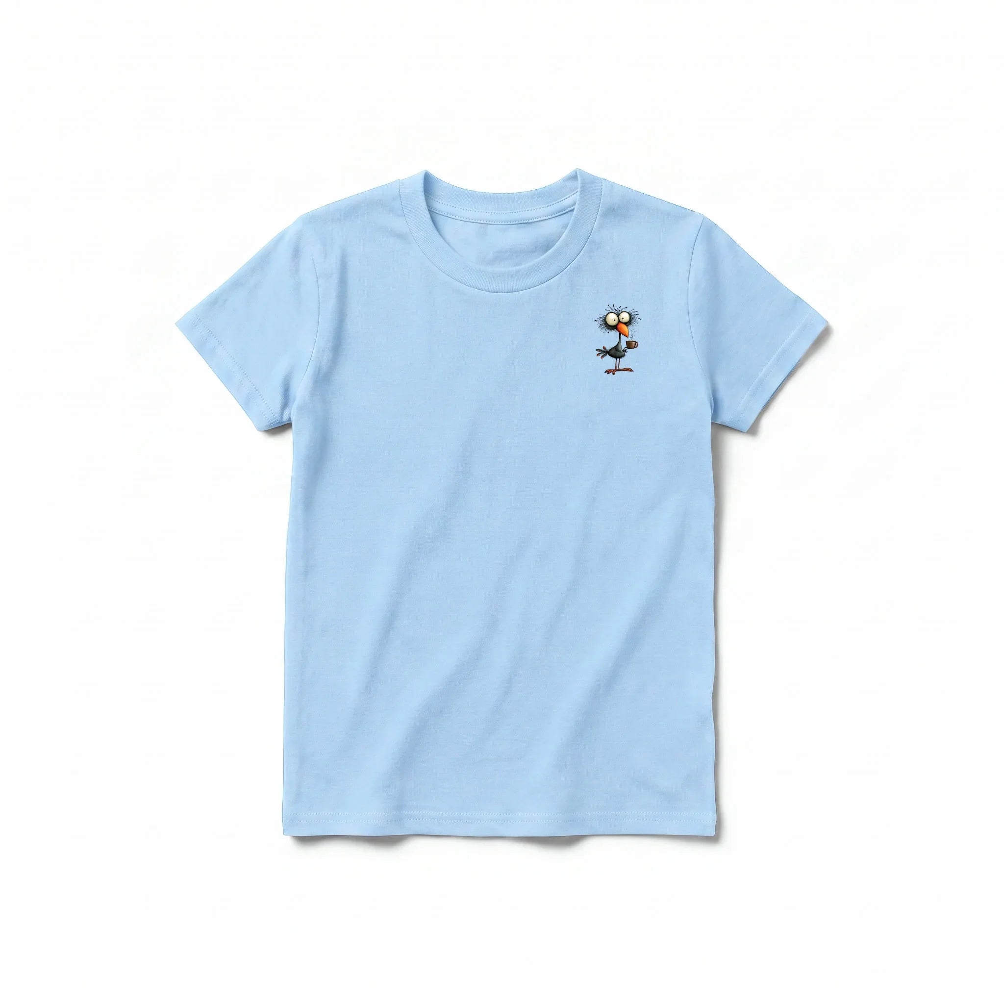 A powder short-sleeve crewneck t-shirt for youth featuring a graphic of a quirky bird on the left chest.