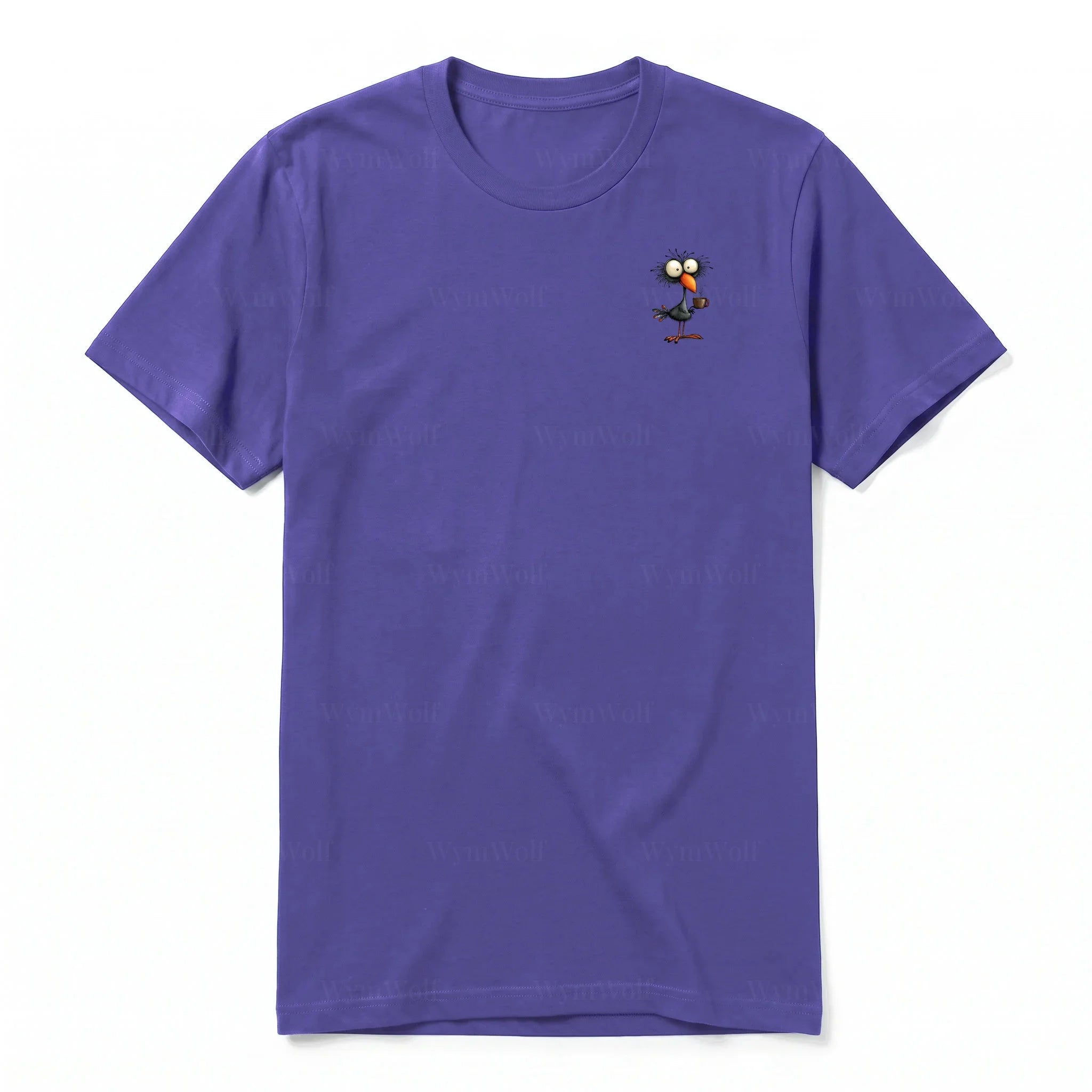 A purple short-sleeve crewneck t-shirt for adult featuring a graphic of a quirky bird on the left chest.